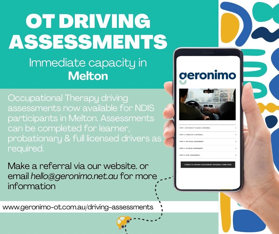 🚗🚙Immediate capacity for OT driving assessments in Melton! For more information or to make a referral, visit our website! 

www.geronimo-ot.com.au/driving-assessments

#ndis #ndisdrivingassessment #melton #meltonndis #meltonsmallbusiness #meltonvic