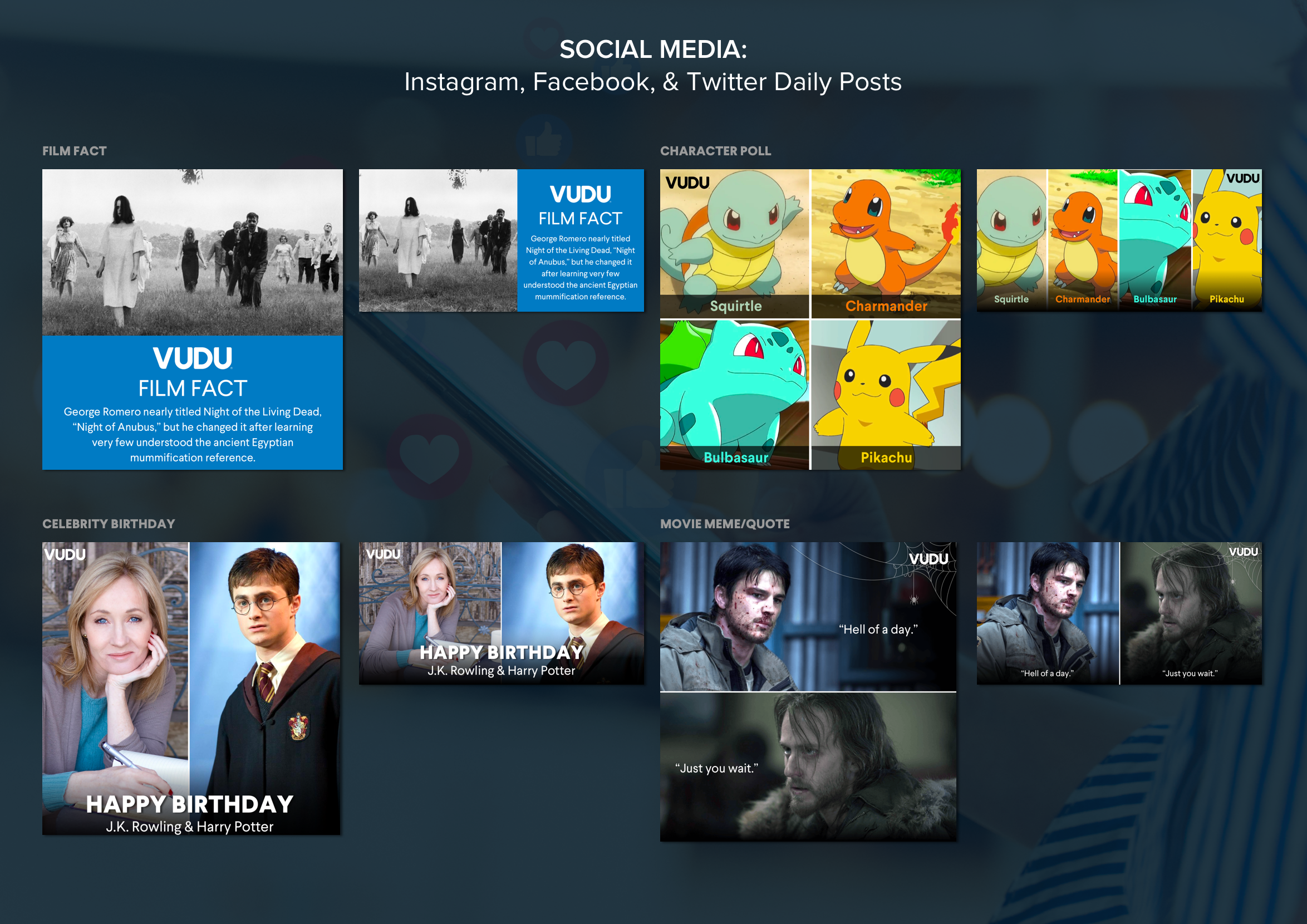 Creating Social Media posts is part of my job as a marketing graphic designer at VUDU. We normally use predetermined categories such as Celebrity Birthdays, Film Fact, Movie Quote and Polls for content. I work to find the best images and graphics to…