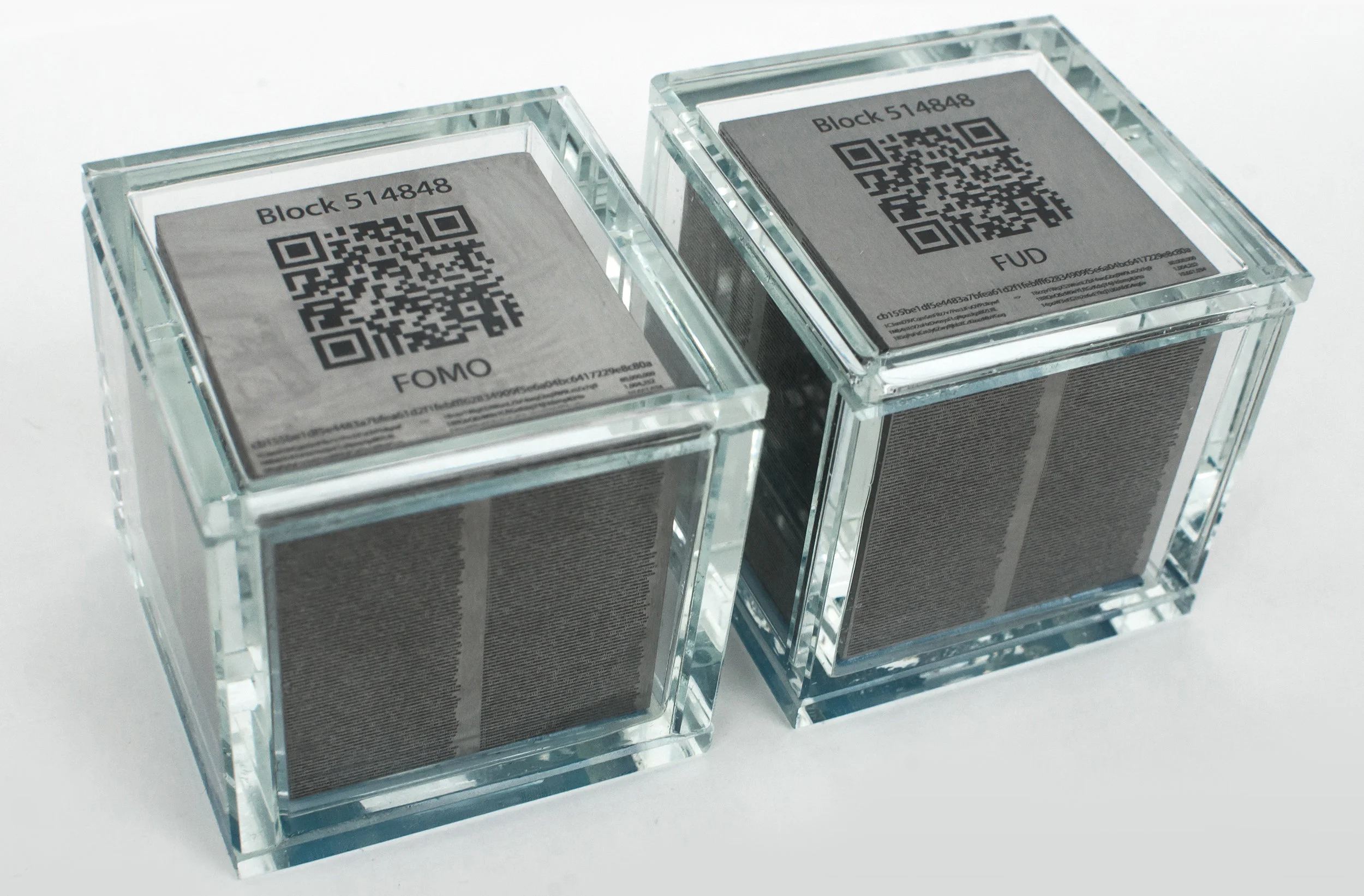 The sculptures “FOMO Block 514848” and “FUD Block 514848”