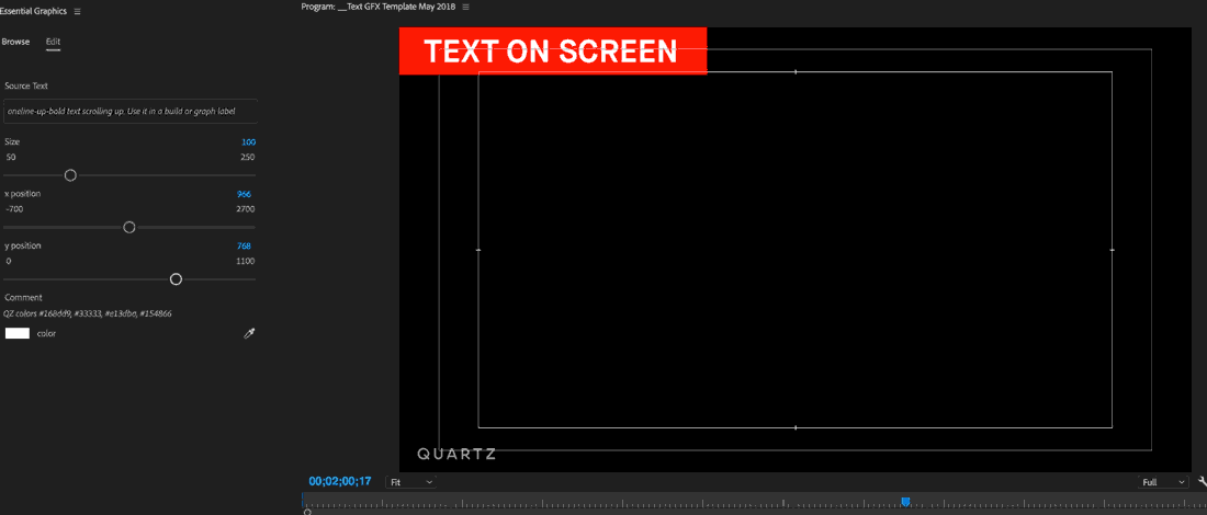 The text animation is built in, but editors are empowered to change the text size. color, content and position in the essential graphics panel to your left.