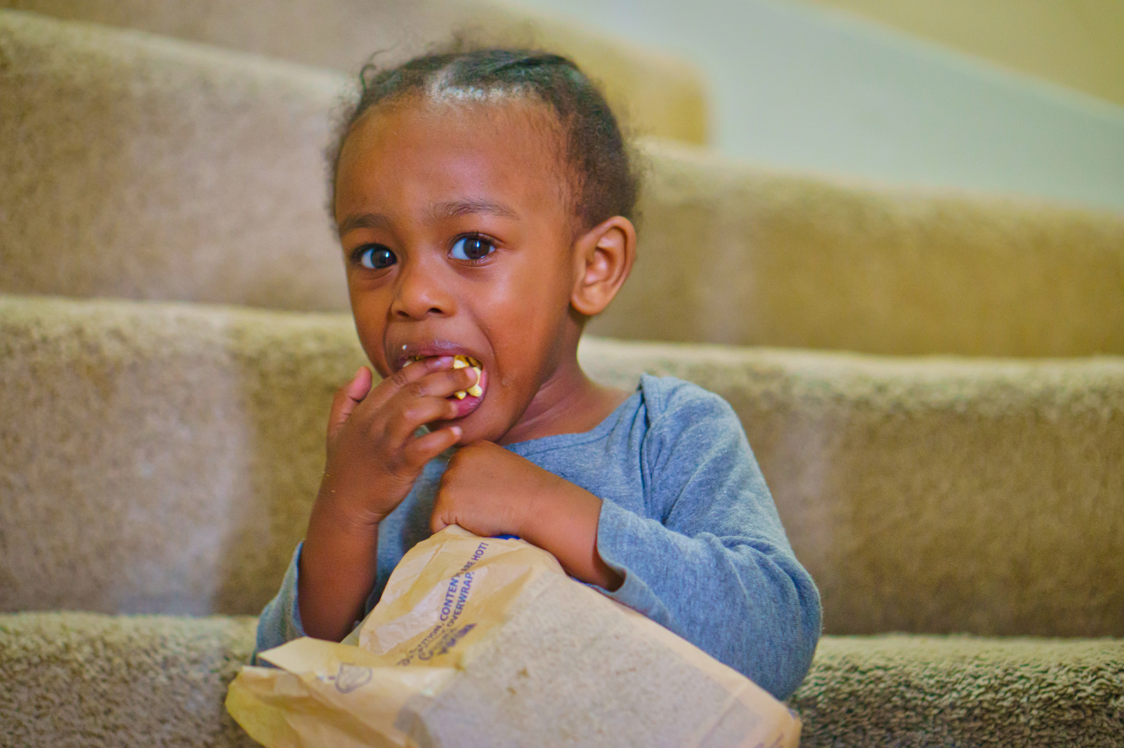 I’d put Marcel down for a nap and made myself some popcorn for lunch. I placed it on couch and went back to the kitchen for a drink. when I returned, the popcorn was missing. There was no one else in the house and Marcel was napping……or so I thought. I found him hiding on the stairs quietly munching on the popcorn. The perfect little popcorn thief.