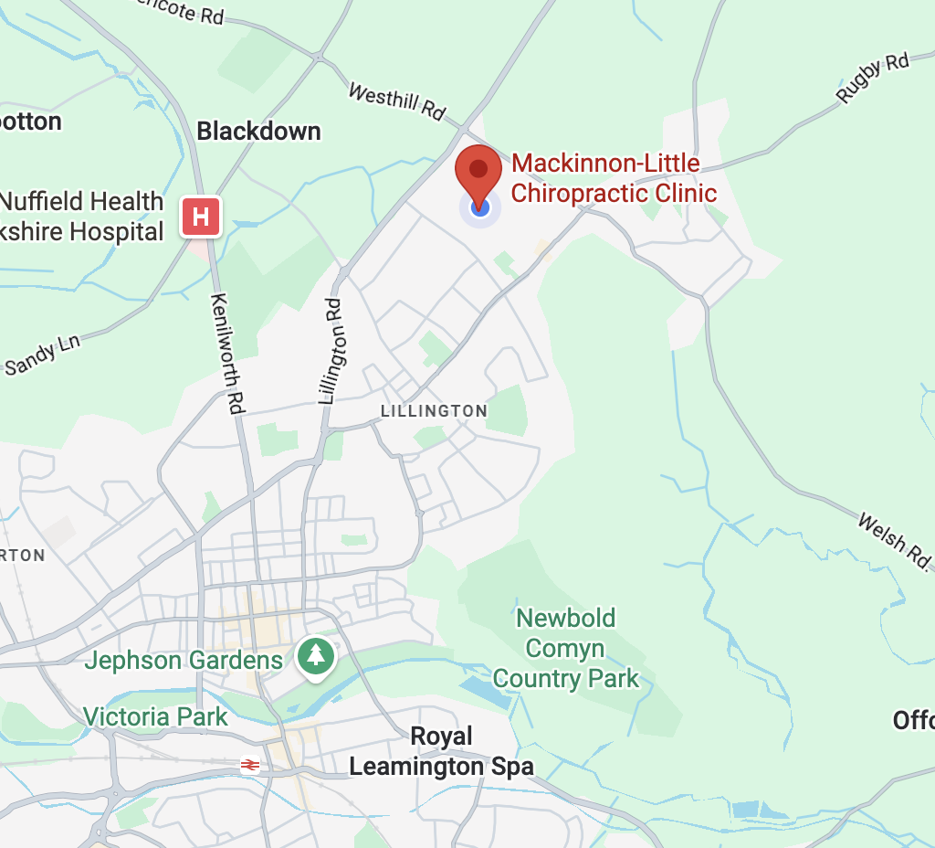 Still map of Leamington Spa with pin locating Mackinnon-Little Chiropractic Clinic.