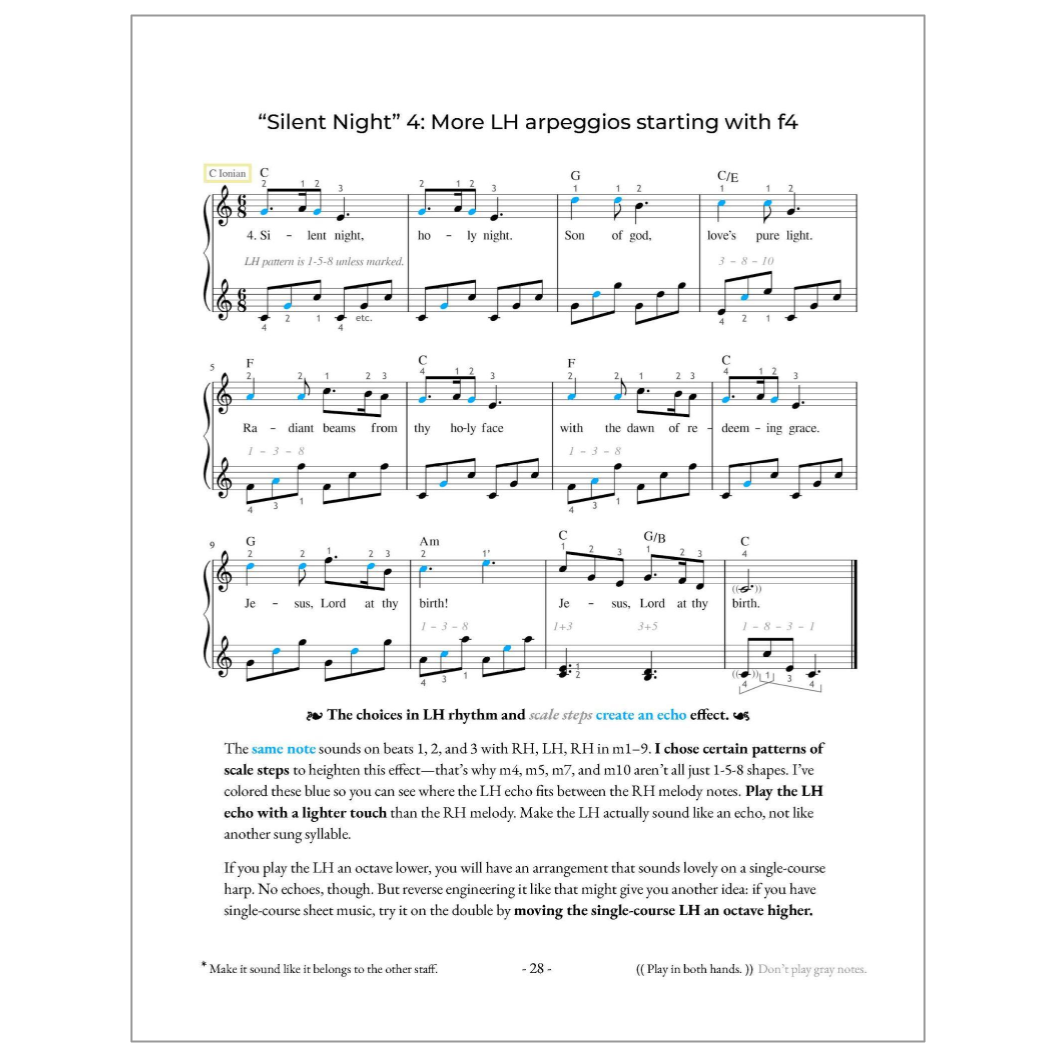 Full score of the "Silent Night" arrangement version 4 from Enjoy the Double-Strung Harp with an analysis describing the double-strung effects in the arrangement.