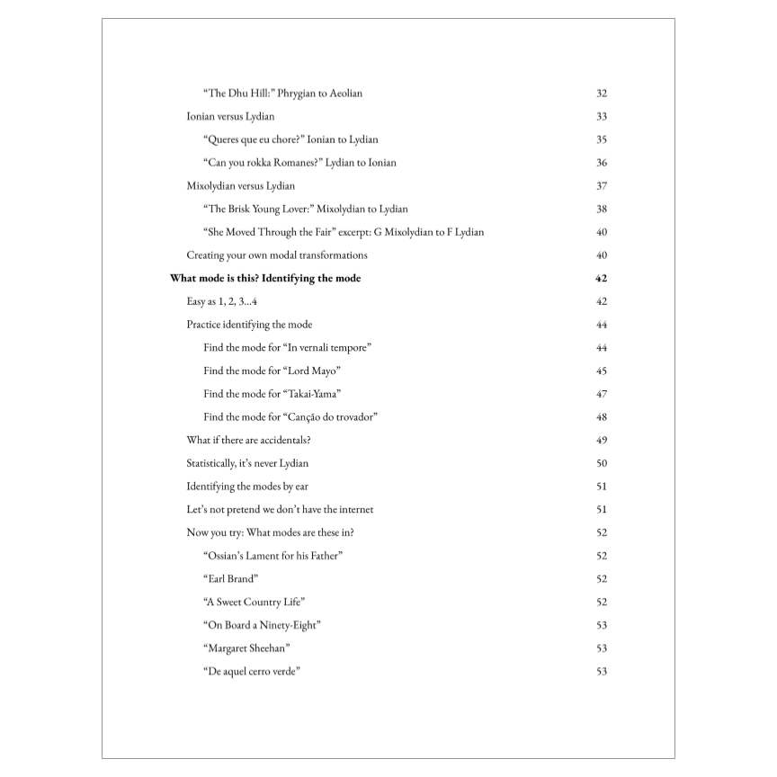 Second of four pages of the table of contents for Enjoy the Modes book
