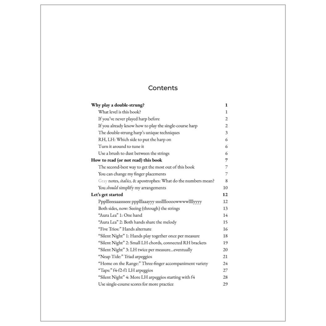 First page of the table of contents for Enjoy the Double-Strung Harp instruction book.