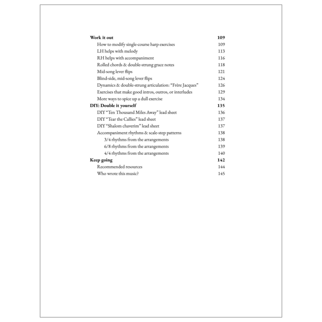 Third page of the table of contents for Enjoy the Double-Strung Harp instruction book.