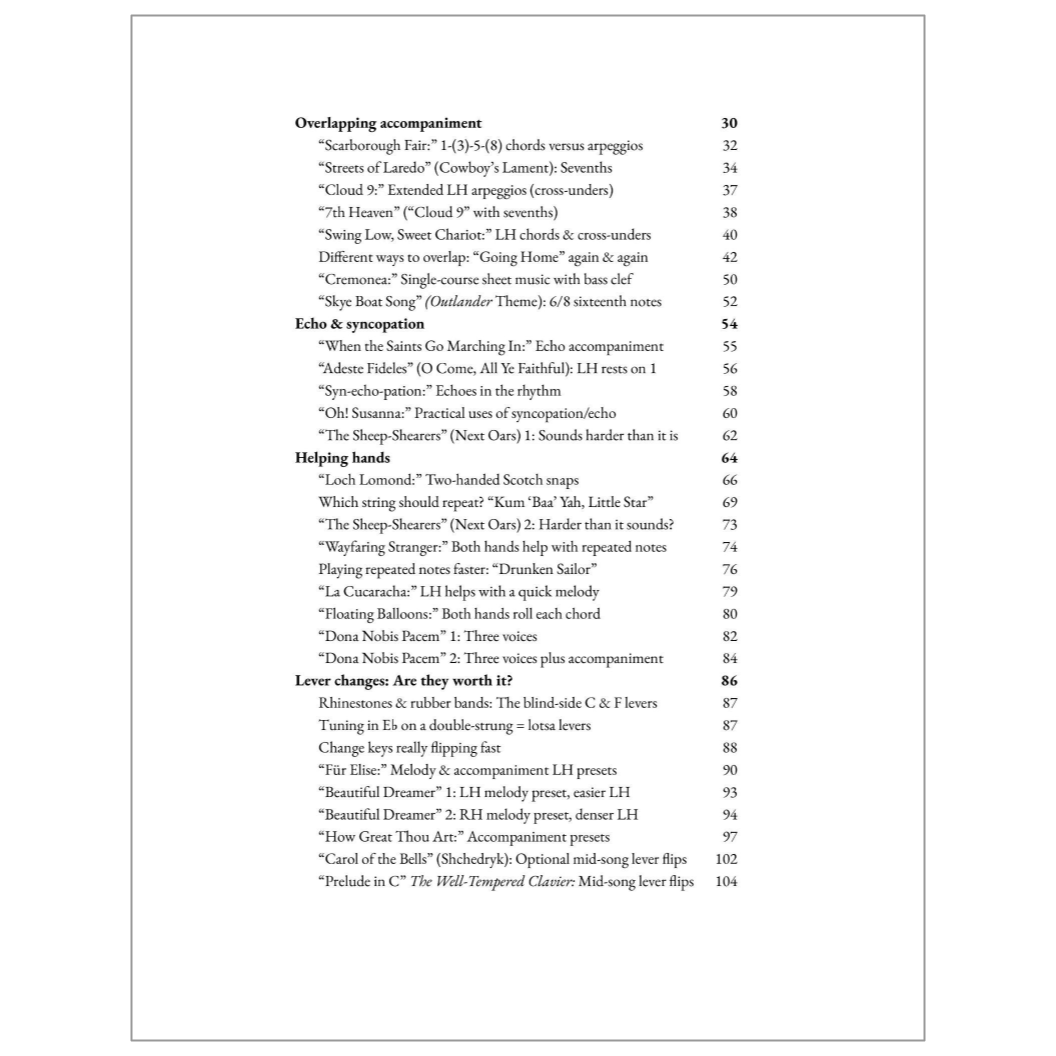 Second page of the table of contents for Enjoy the Double-Strung Harp instruction book.