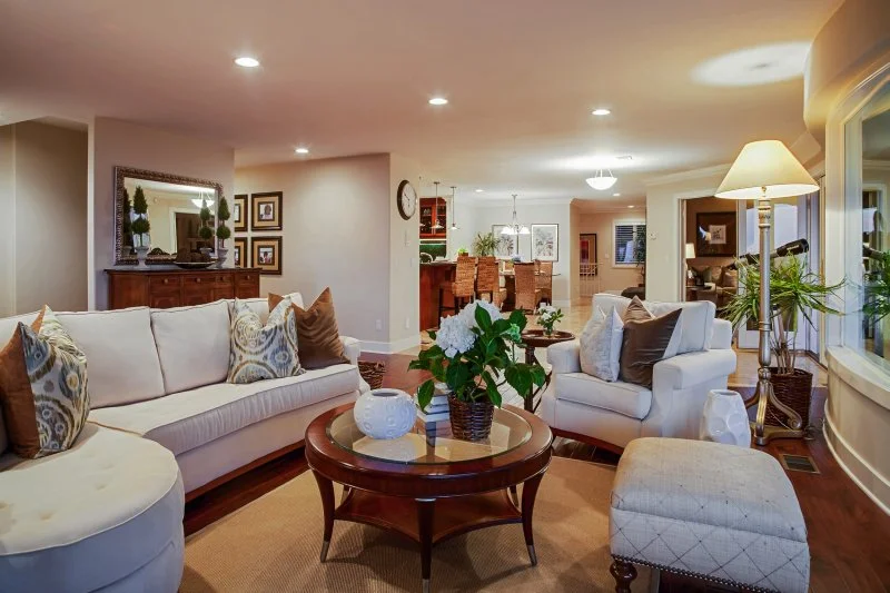 Living room with dining room in distance