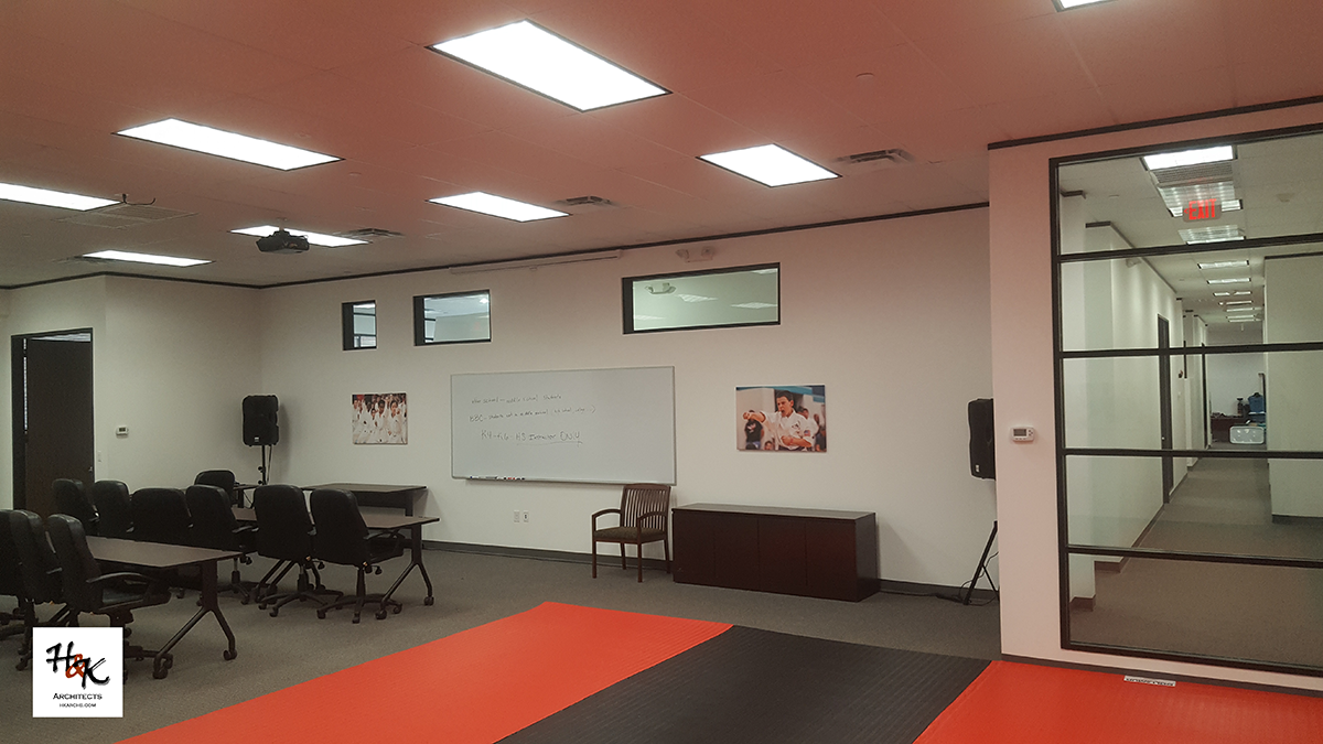 The dojo also serves as a large conference room that is used extensively throughout the year. ©2018 Harcourt & Kaufman Architects