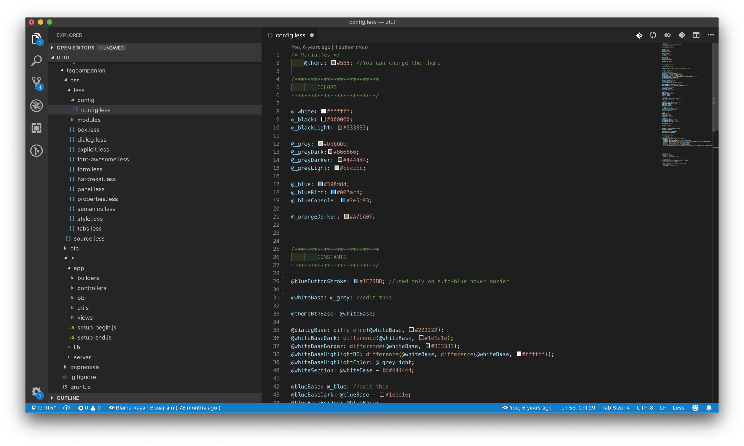 CSS is using LESS, flexible color pallette allows for personalization for future (unreleased) discussed features.