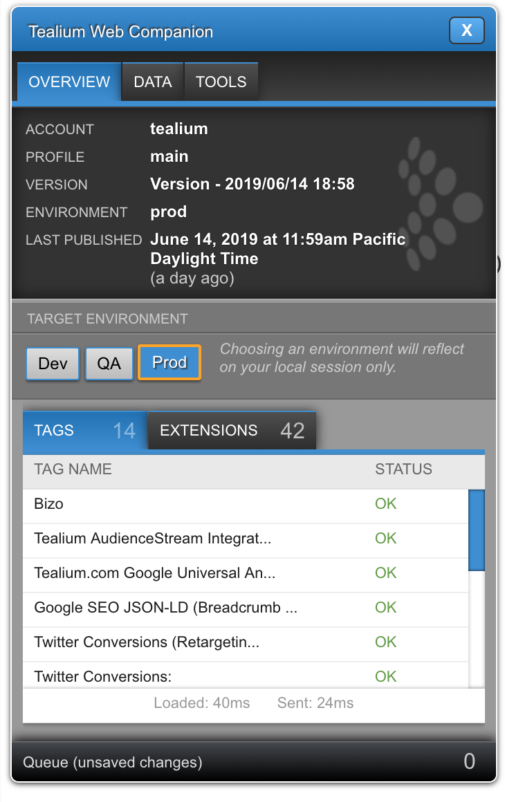 Overview shows overview for webpage, including clearer status of triggered Tags and Extensions, and the newly introduced Target Environment to test various deployments.