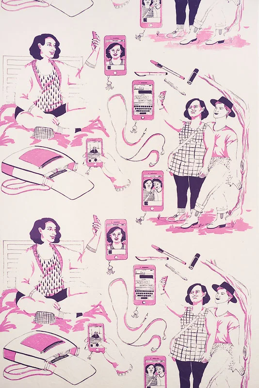 Selfie repeat, hand screen-printed on cotton sateen, 2016. Featured in Selfie Girl show. Photo by John Wilson White