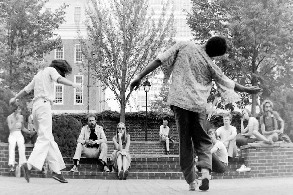 Ishmael Houston-Jones and Terry Fox improvising near Independence Hall, Philadelphia, 1970s. Photo: Helen Jones