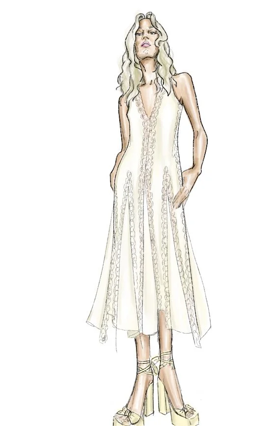 LACE FRAMED GODET DRESS