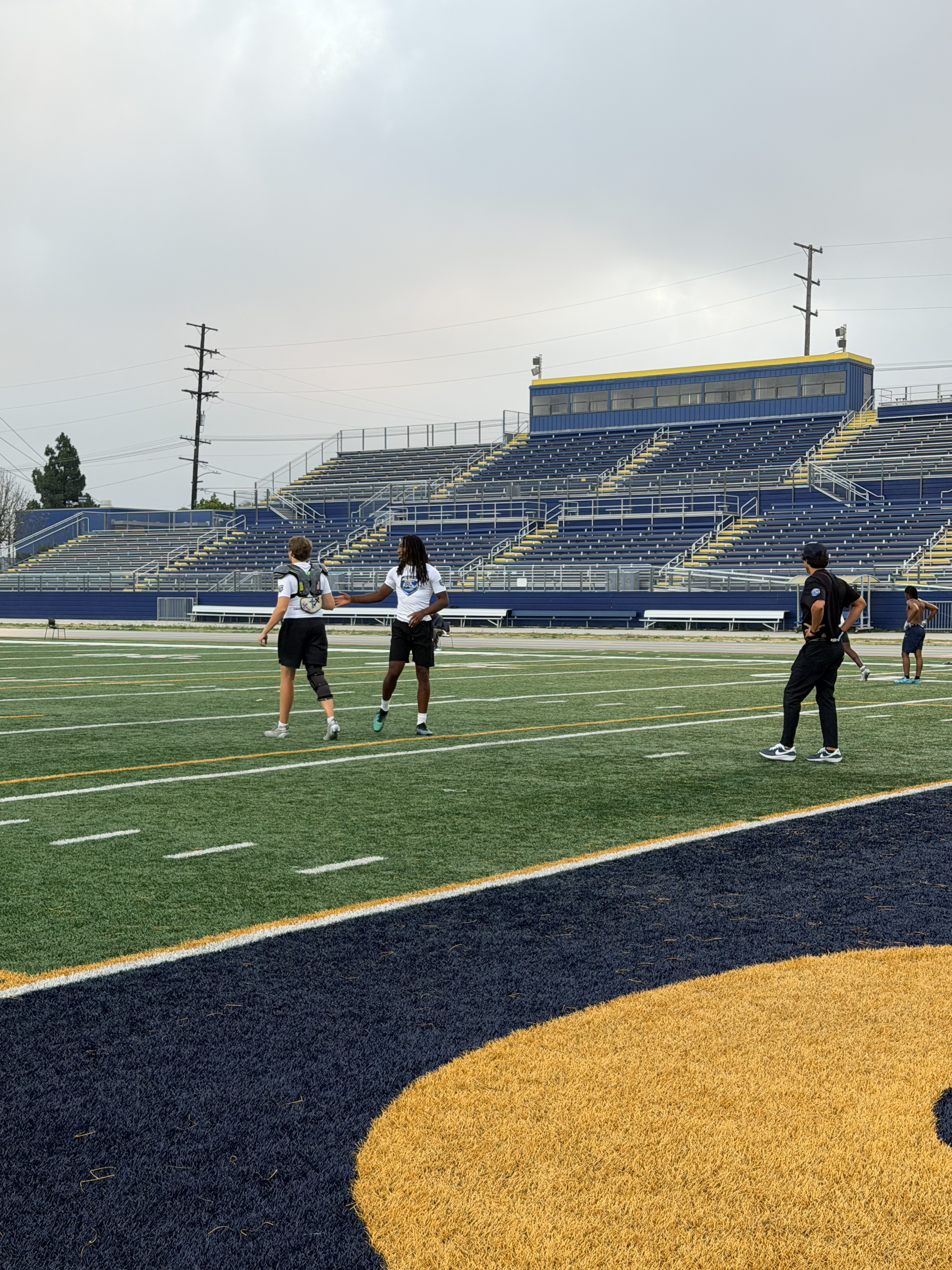 People on a football field with blue stadium seating in the background, cloudy sky.