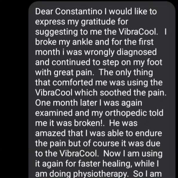 What a fantastic feedback about VibraCool regarding her ankle fracture, from @angelahadzou, Loise Hay life coach @healyourlifetraining @healyourlife

We ship anywhere you need us.

#painmanagement #drugfree #footpain #fracture #physio #anklebreaker #