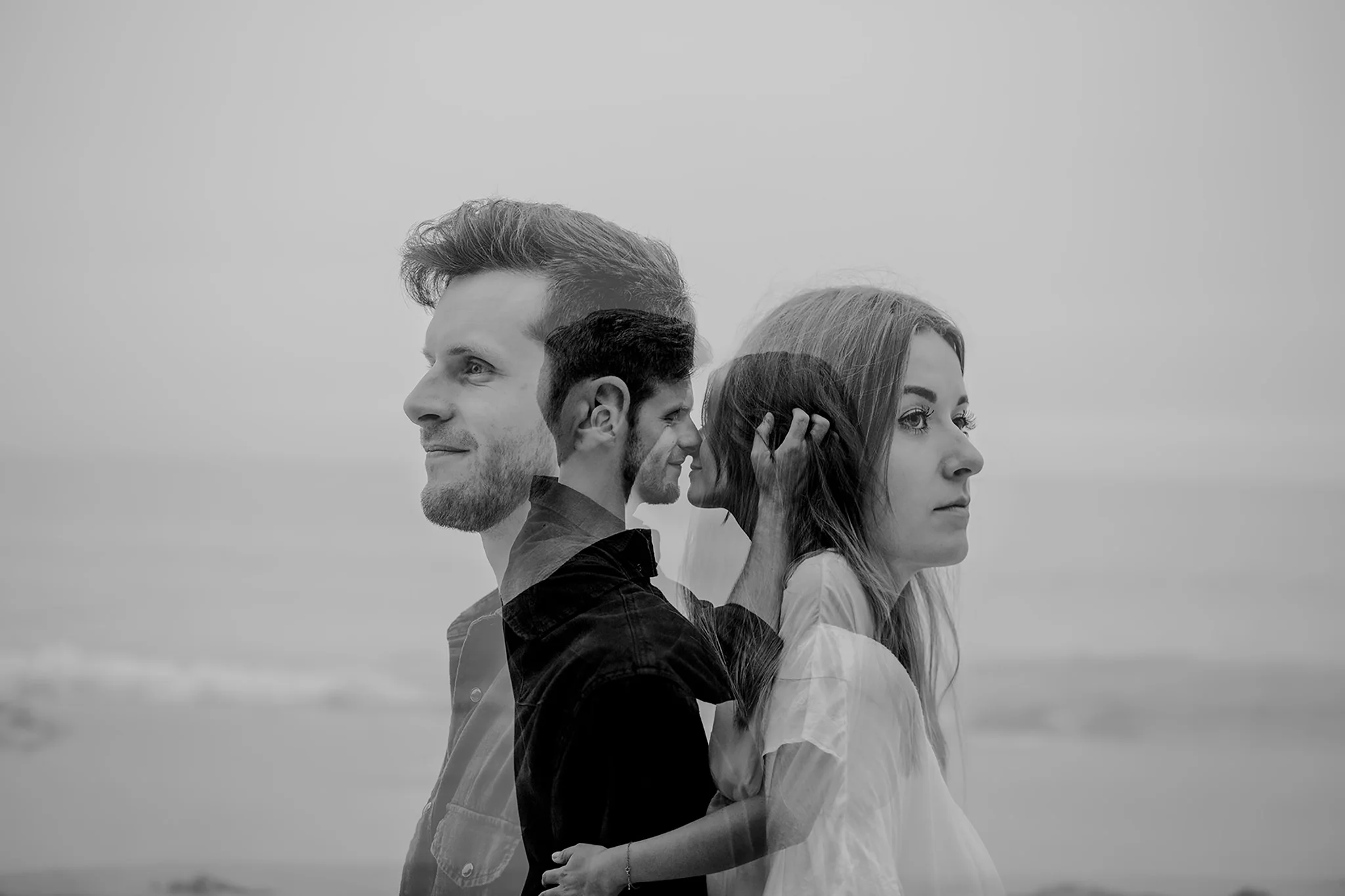 in camera double exposure canon 5dmkiii for a creative couples engagemnt at whiterocks beach