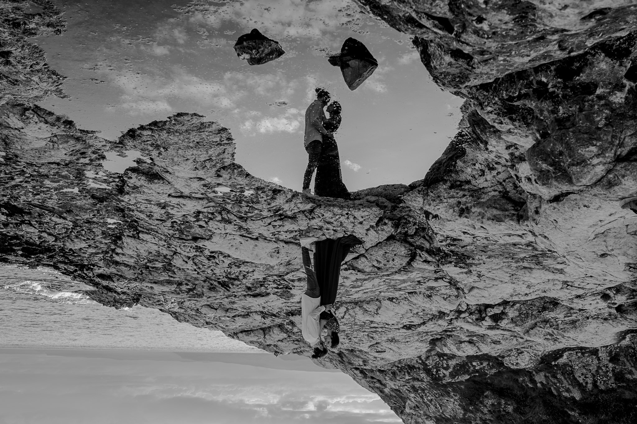  the upside down creative reflection during a couples engagement shoot on the causeway coast 