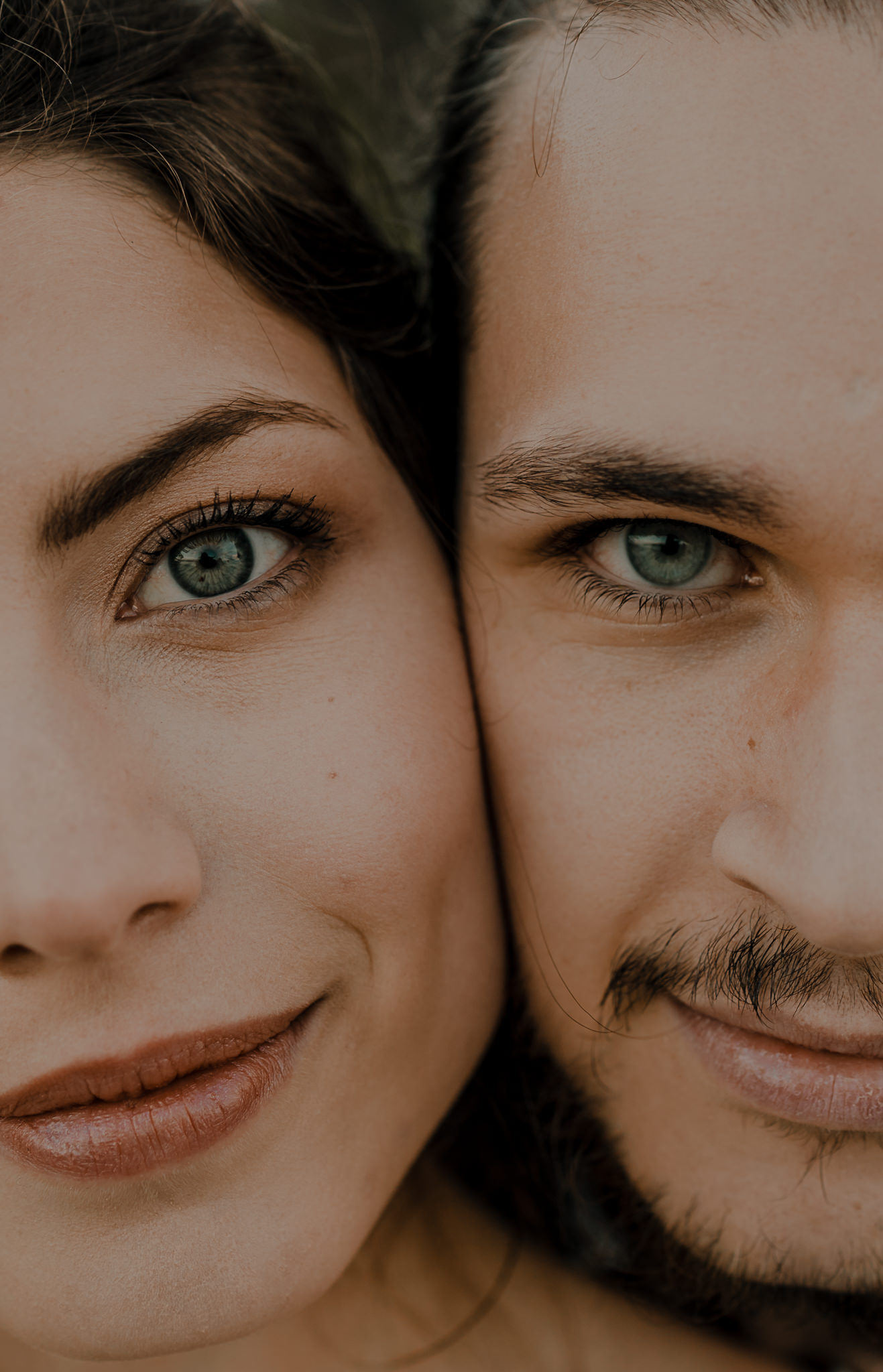 side by side close up of couples faces