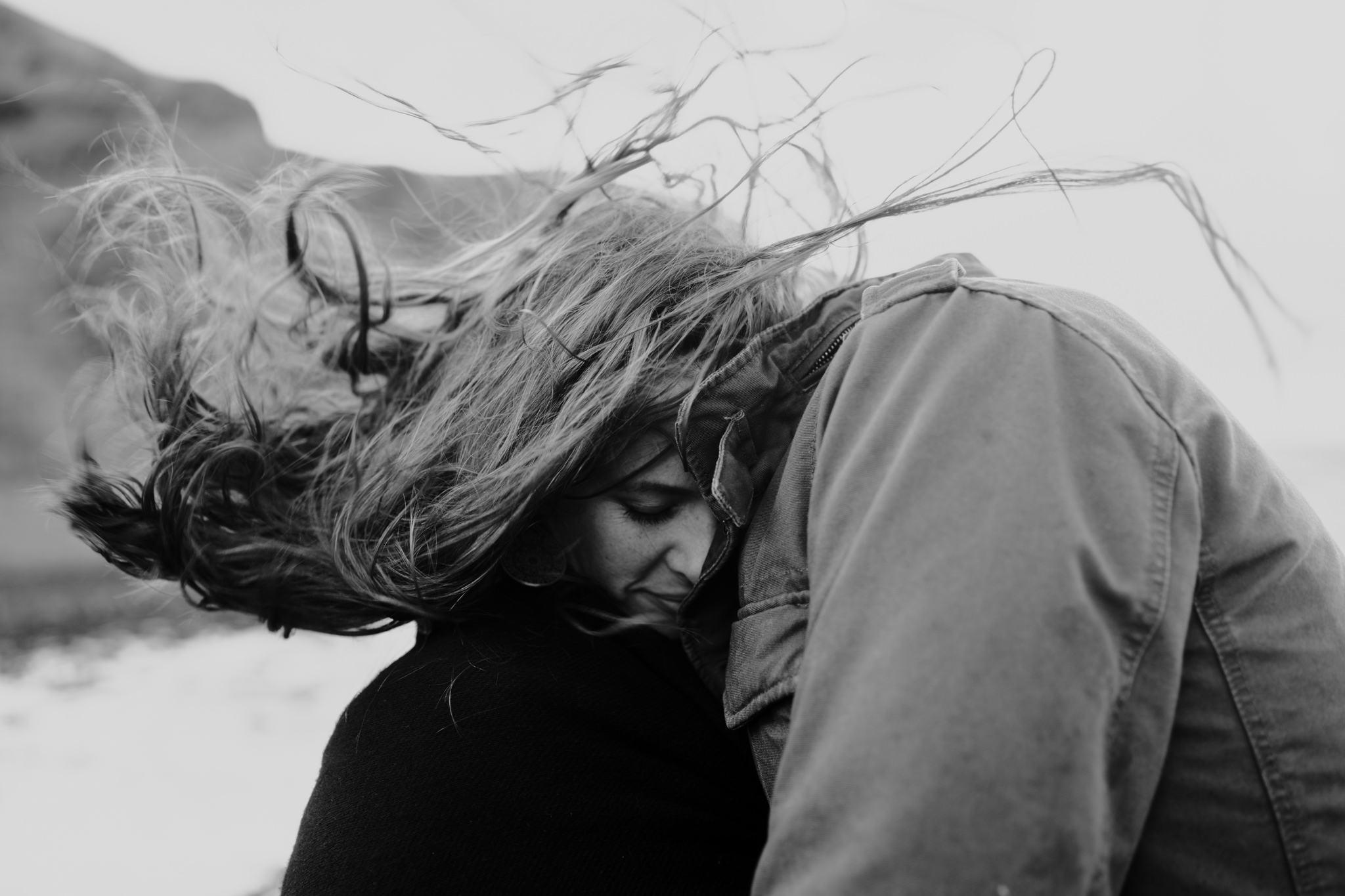 emotional moment windswept hair BW kinbane castle