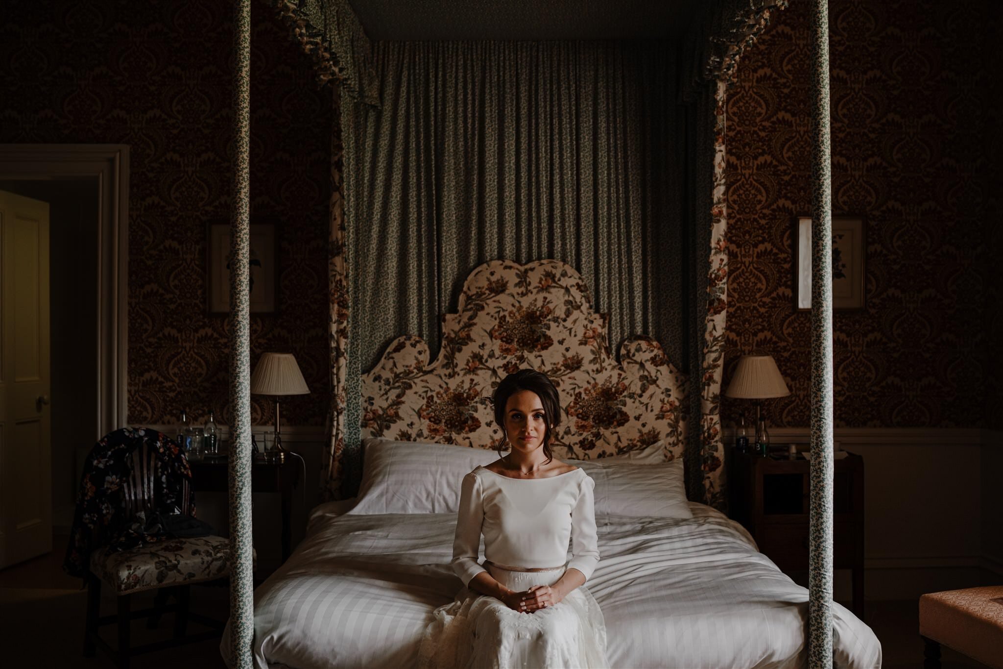 bride portrait on bed The West Wing Crom Castle Intimate wedding Northern Ireland