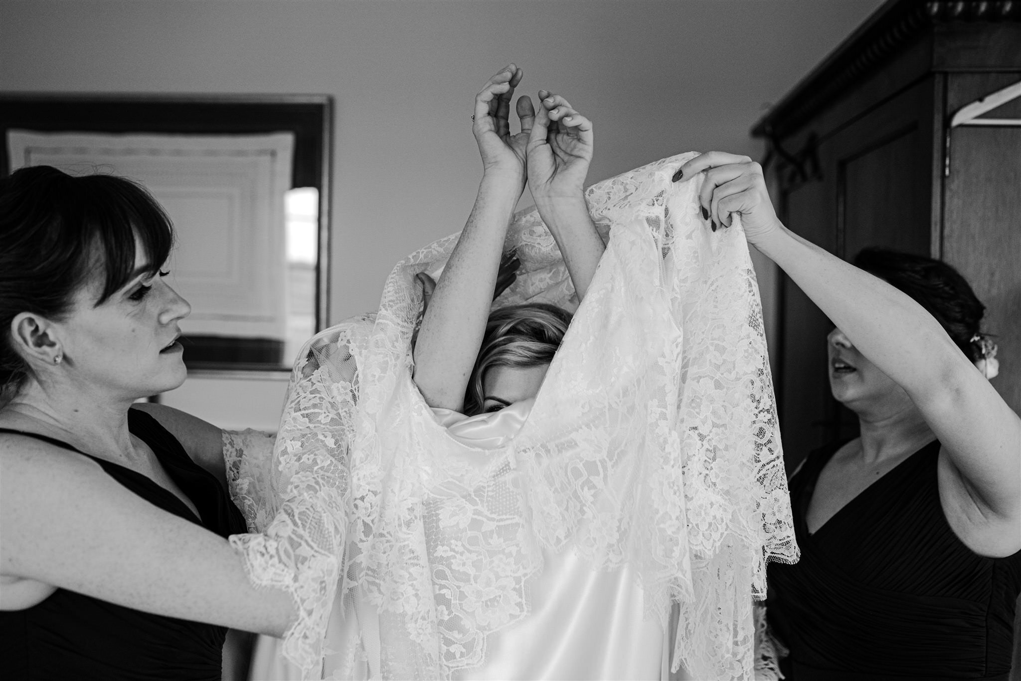 Bride getting ready Tullyveery house Alison Jayne couture custom lace wedding dress