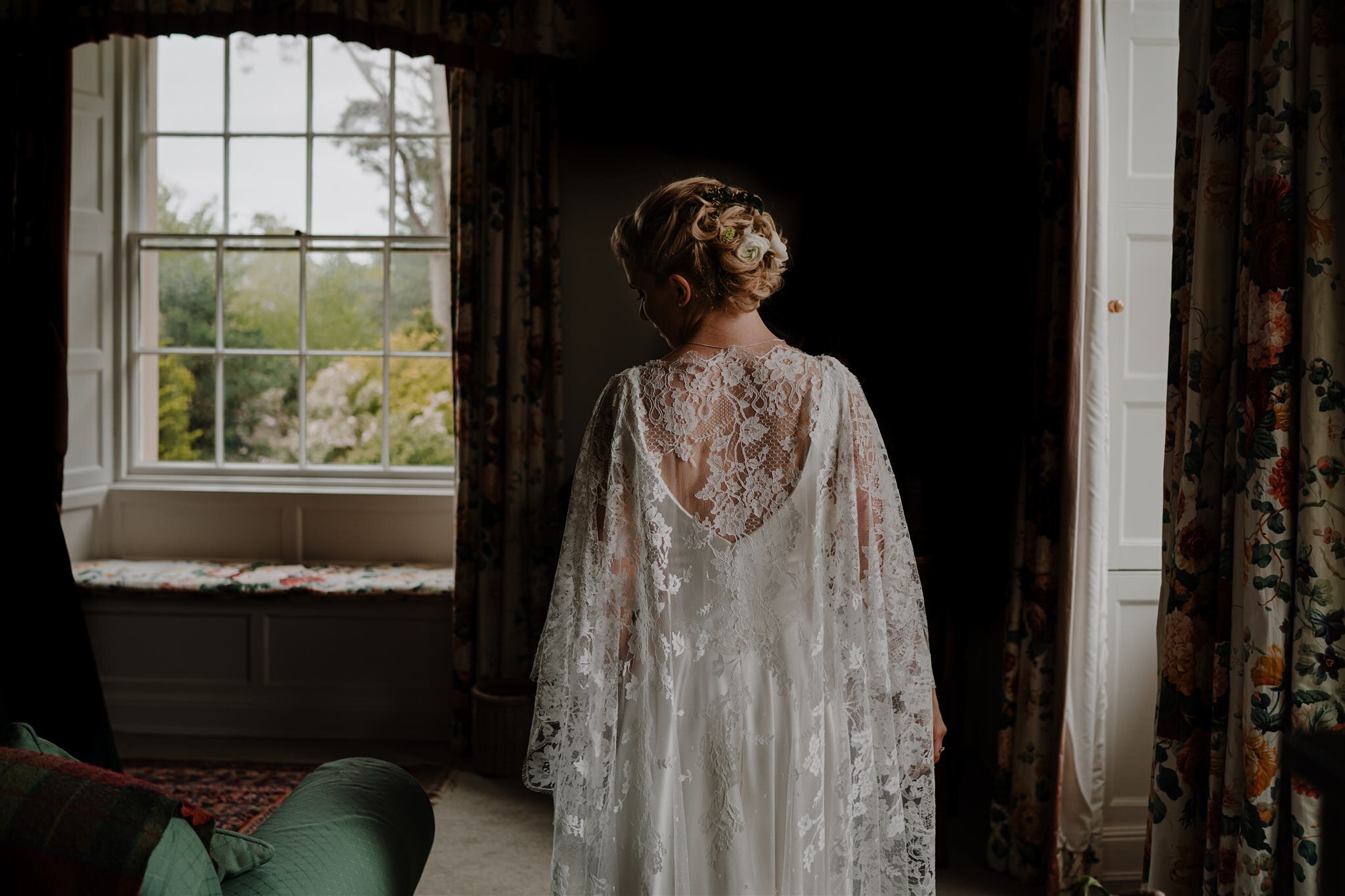 Custom lace cape wedding dress Northern Ireland Alison Jayne couture