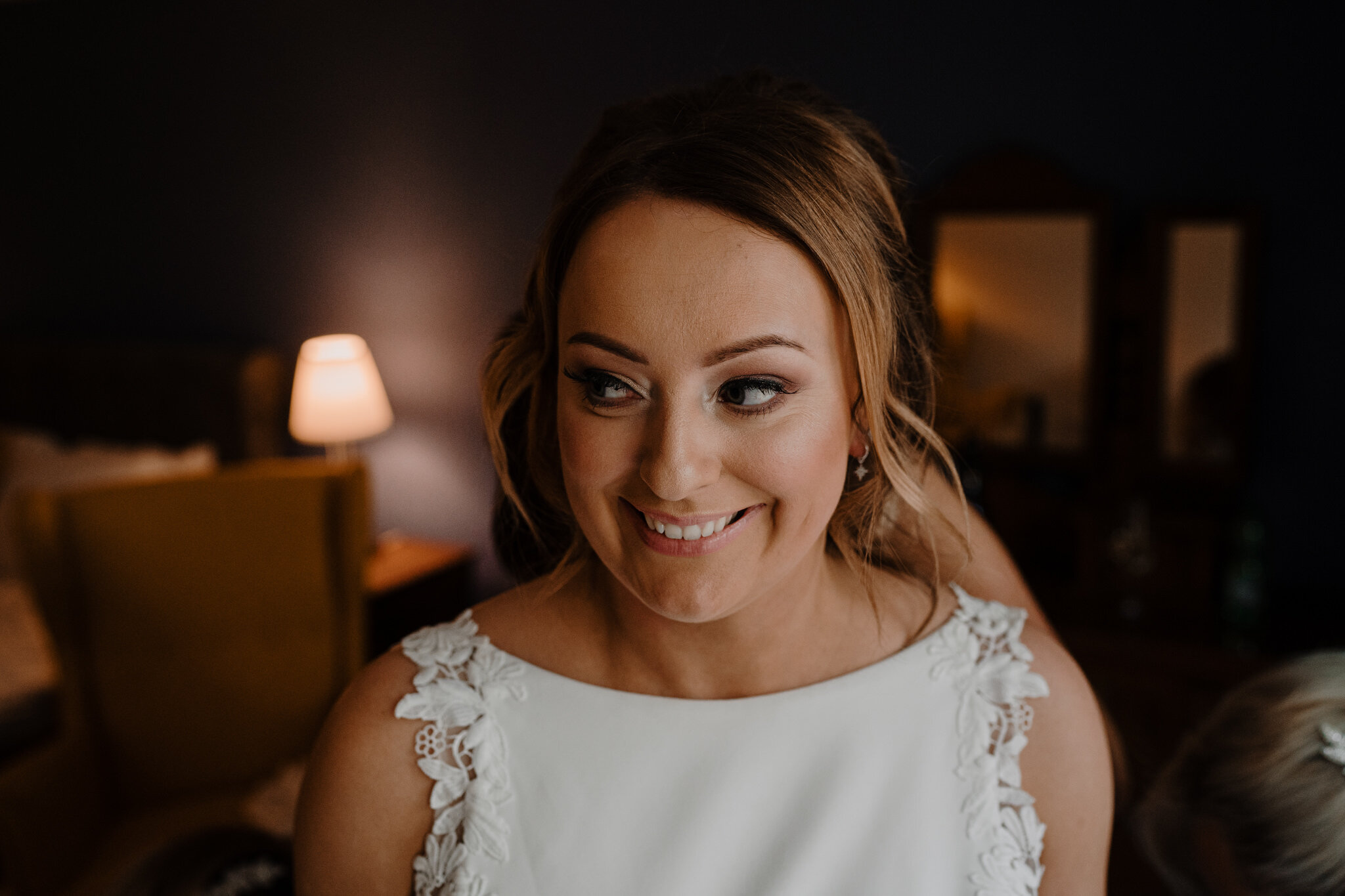 bride smiling first look dress getting ready wool tower broughshane