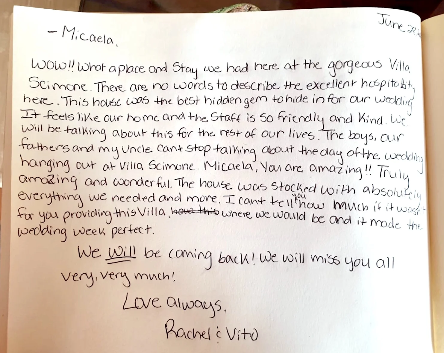 Rachel and Vito staying with their wedding guests, June 2019