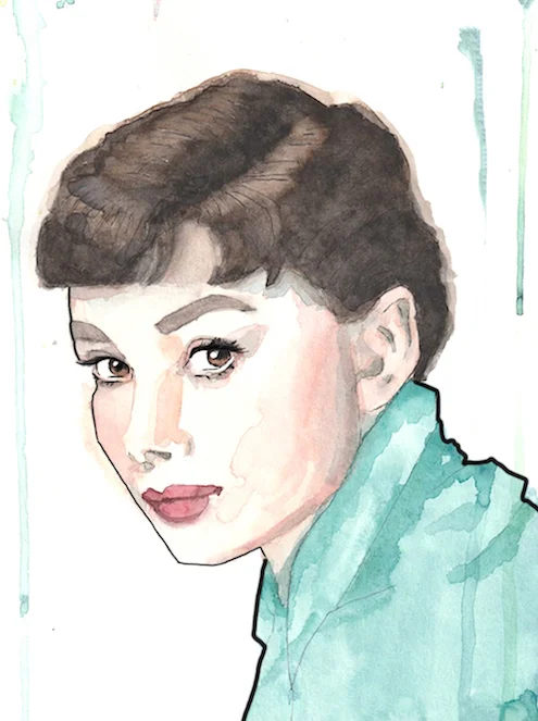 Tekening portret Audrey Hepburn filmster inkt en aquarelverf
