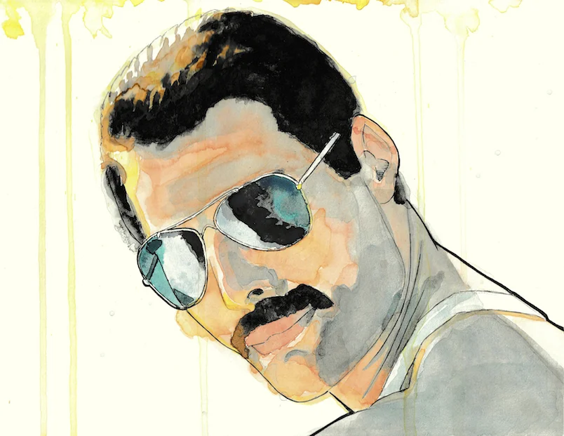 Freddy Mercury tekening portret zanger inkt en aquarelverf