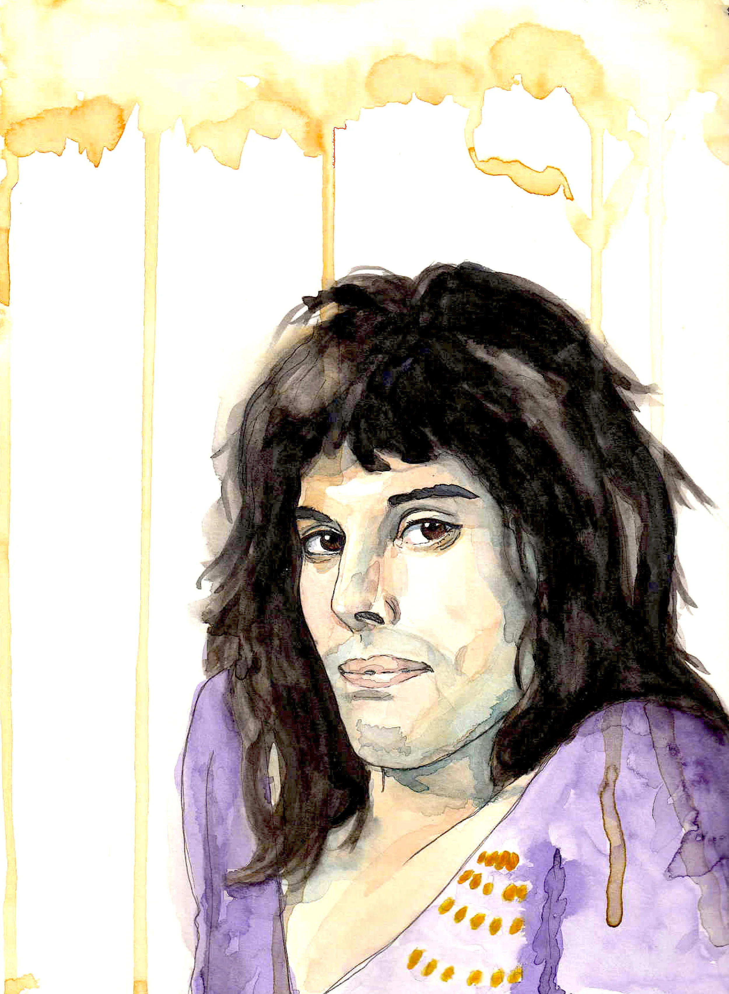 Freddy Mercury glamrock tekening portret inkt en aquarelverf