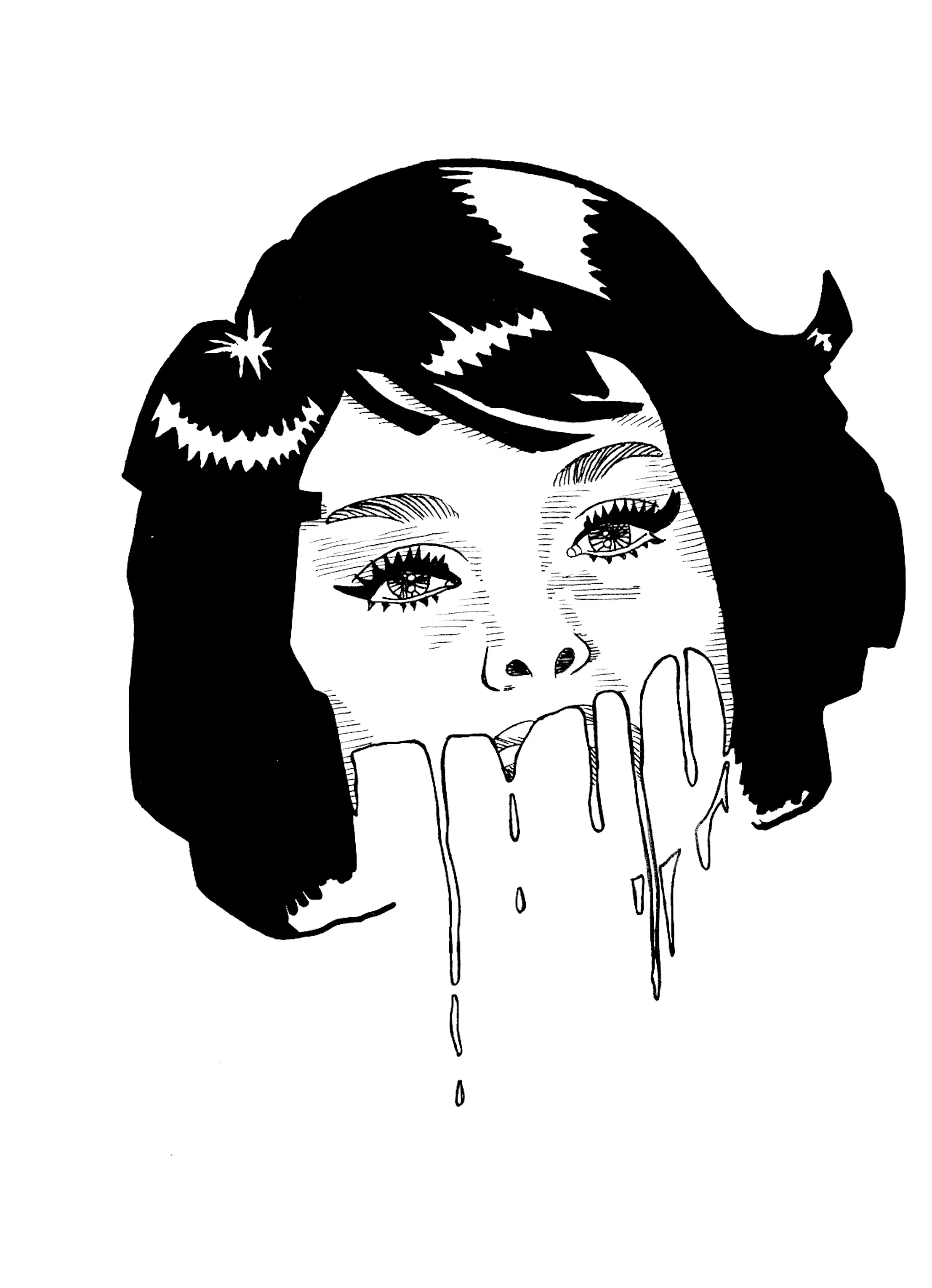 inkttekening portret diva druipend gezicht zwart wit