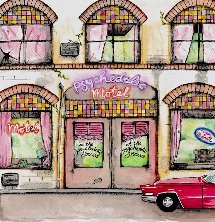 Ontwerp voor LP hoes albumhoes At the Psychedelic Circus at the psychedelic motel kleuren inkt en aquarelverf
