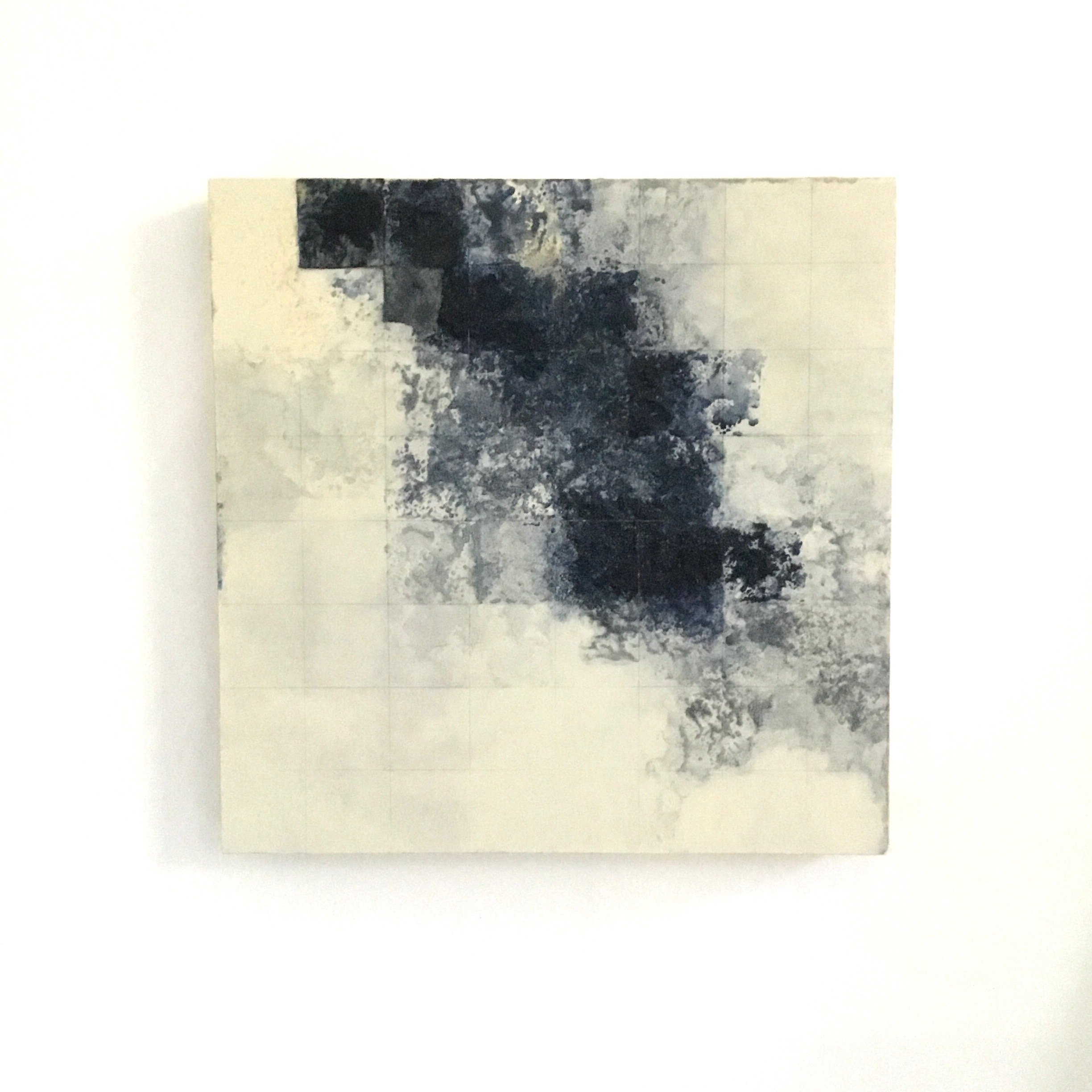  untitled (grey blue)   2022  acrylic, sand and paper on wood panel 