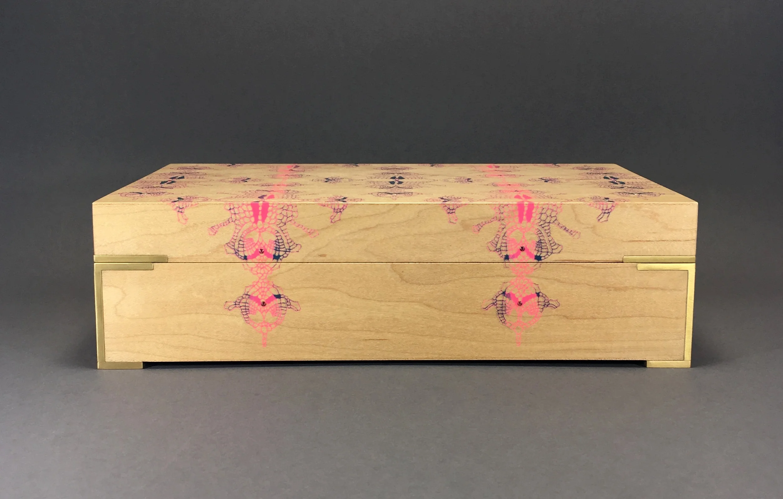 straight lace box, maple, 10” x 6” x 2.75”, brass and rhodolite gemstones, lined with navy suede, $500 with brass side tabs or $550 with brass hinges