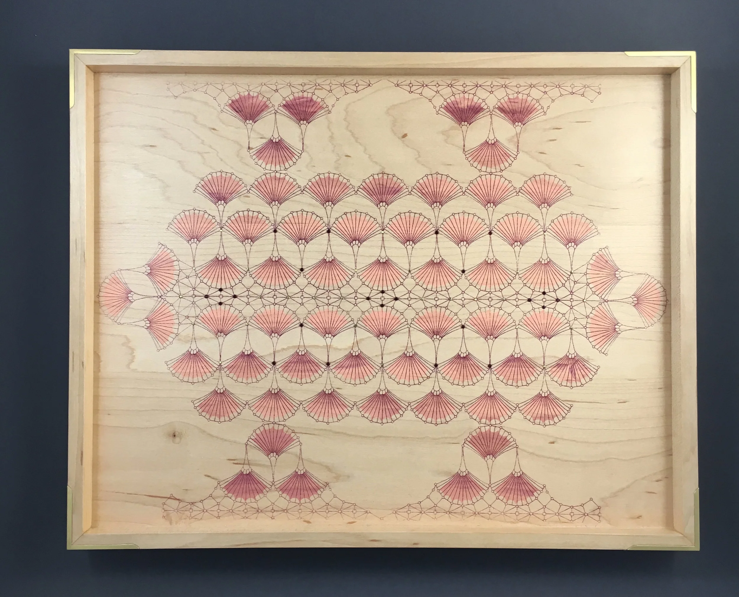 arches tray, maple, 15” x 12” x 1.25”, brass and garnet gemstones, $250