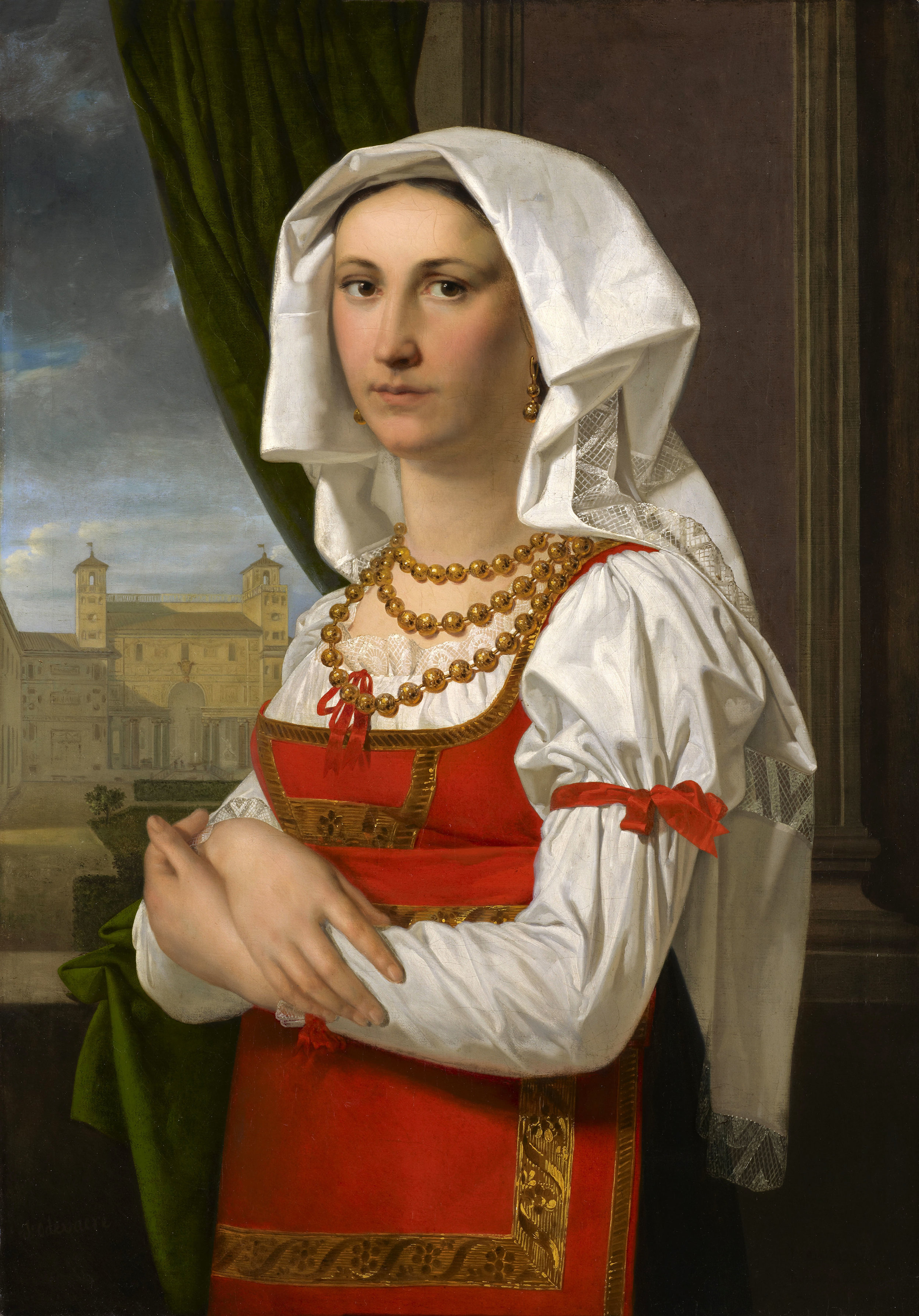  JOSEPH-DÉSIRÉ ODEVAERE  Bruges, 1776 – Brussels, 1830     Lady in traditional Roman dress, half length, before the Villa Medici     Oil on canvas, signed and dated “J. ODEVAERE ROMA MDCCCVIII”, and resigned ‘J: Odevaere’ lower left.  81 x 57 cm.    