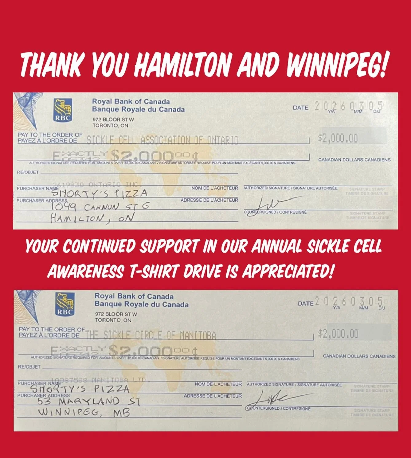 Shout out to everyone who picked up one our Ltd Edition T&rsquo;s this past holiday season. Your purchase went towards raising funds for local Sickle Cell Disease Awareness Advocates in both Manitoba and Ontario. A BIG thanks to sicklecellontario and
