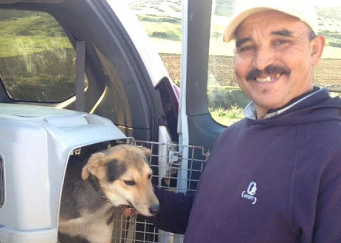 Abdel Malik, the owner of Dorothy, with his dog who he agreed to stop tying up. He is so genuinely happy here after his dog received vaccinations and was neutered.