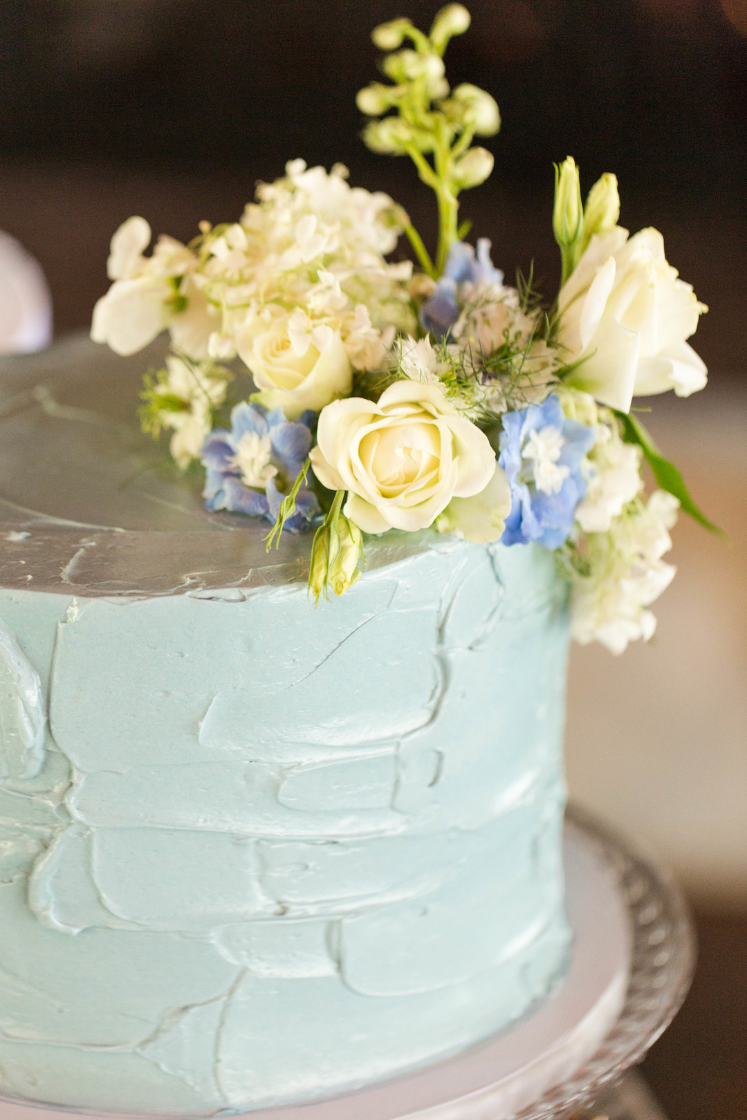 Baby Blue and White Rose One Tier Chicago Wedding Cake Hors d'oeuvres Chicago Wedding Reception Meghan McCarthy Photography
