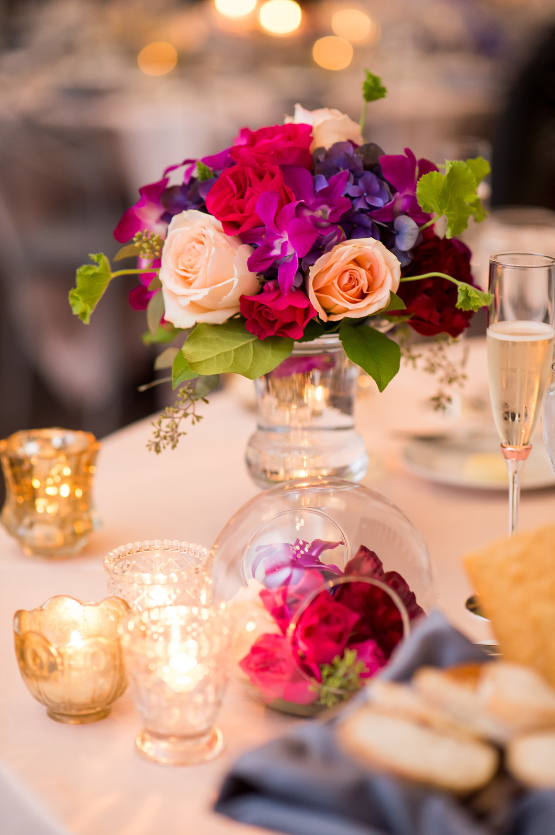 Purple and Rose Table Center Pieces Chicago Wedding Julia Franzosa Photography