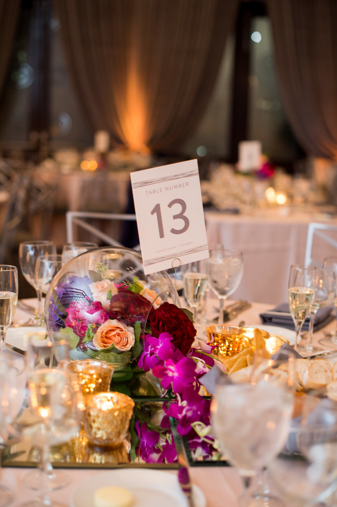 Purple and Gold Table Center Pieces Chicago Wedding Julia Franzosa Photography