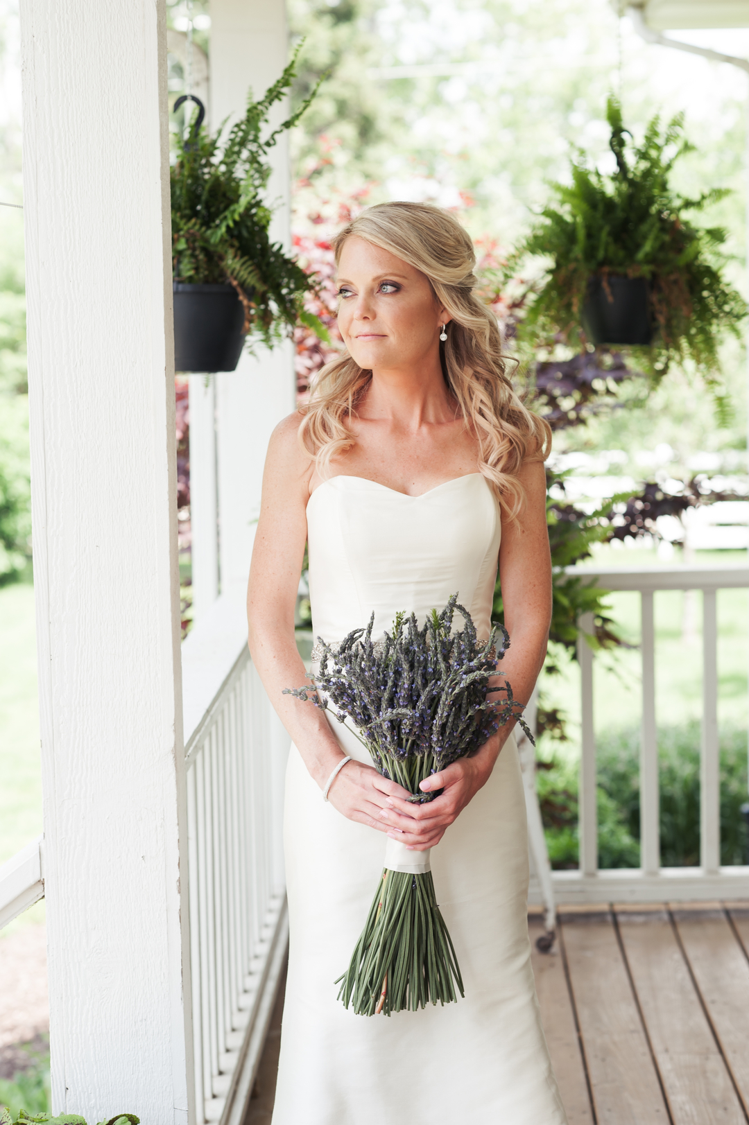 Elegant Bridal Gown with Lavender Bouquet Chicago Farm Wedding Elite Photo