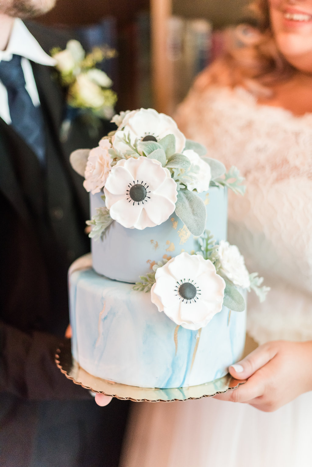 Two Tiered Blue and Gold Wedding Cake Chicago Wedding Rakoteet Photography