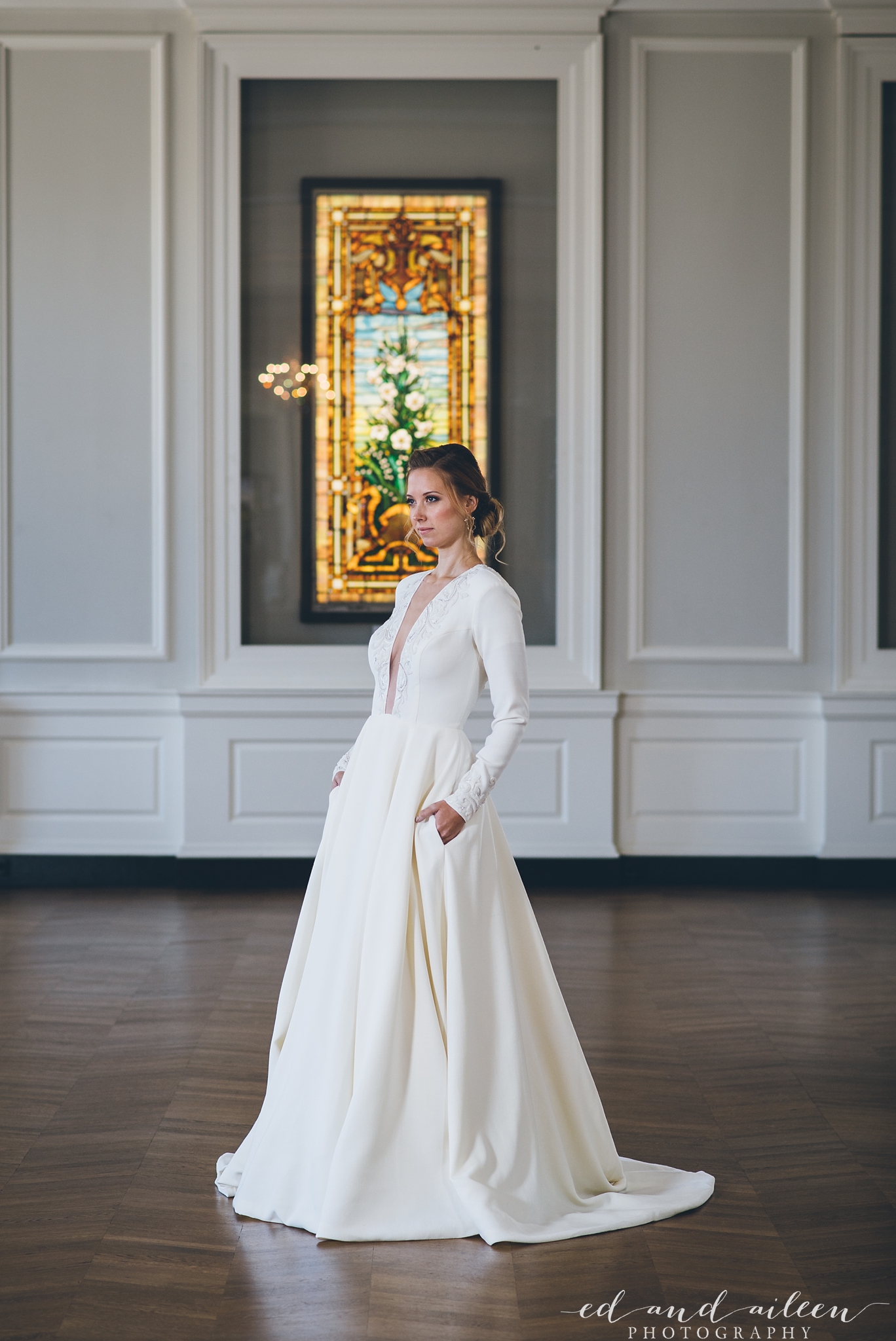 Long Sleeve Low Cut Sexy Wedding Gown with Pockets Chicago Wedding Ed and Aileen Photography