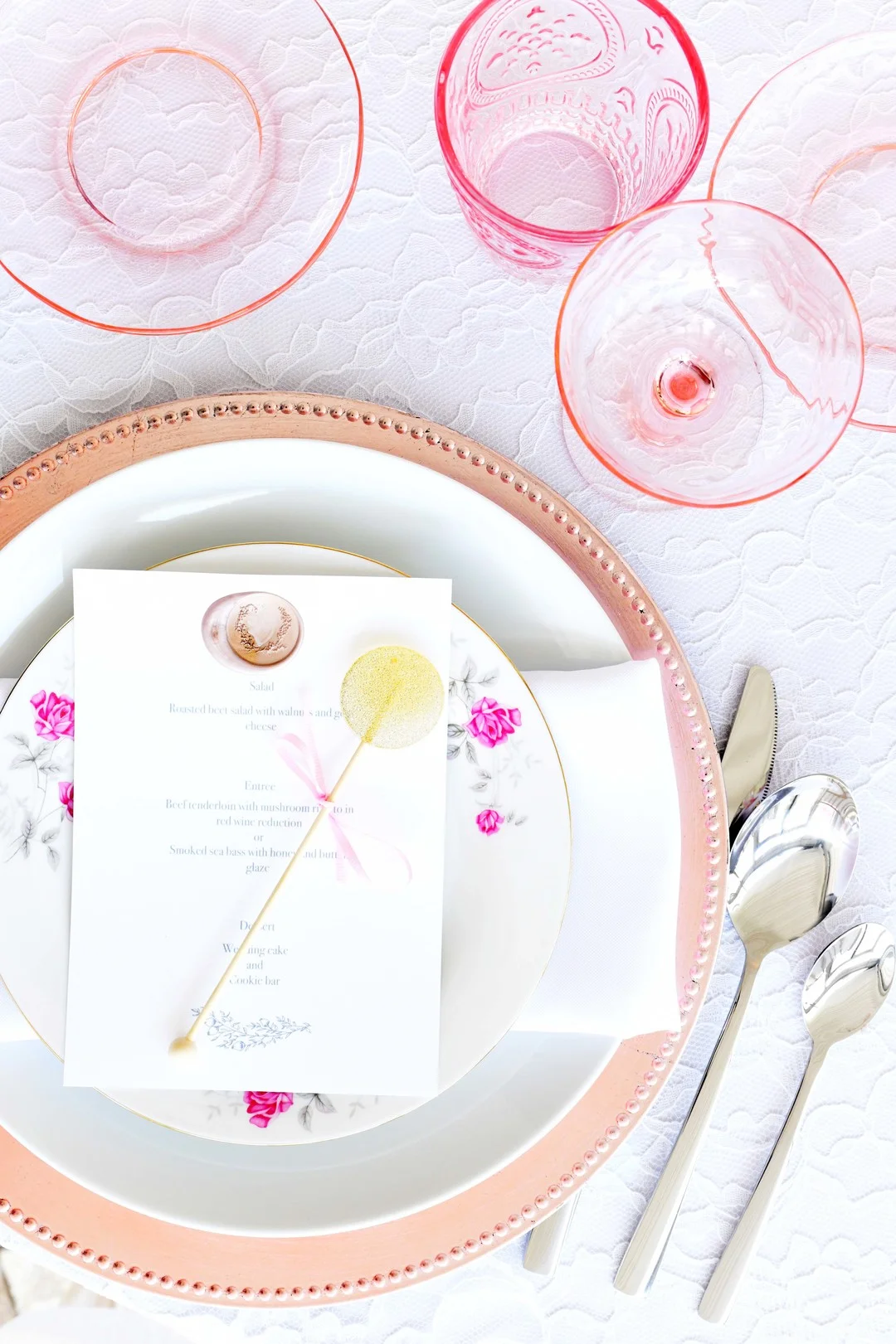 Wedding place settings: Romantic ivory and rose gold wedding inspiration captured by Lori Sapio. See more elegant wedding ideas at CHItheeWED.com!