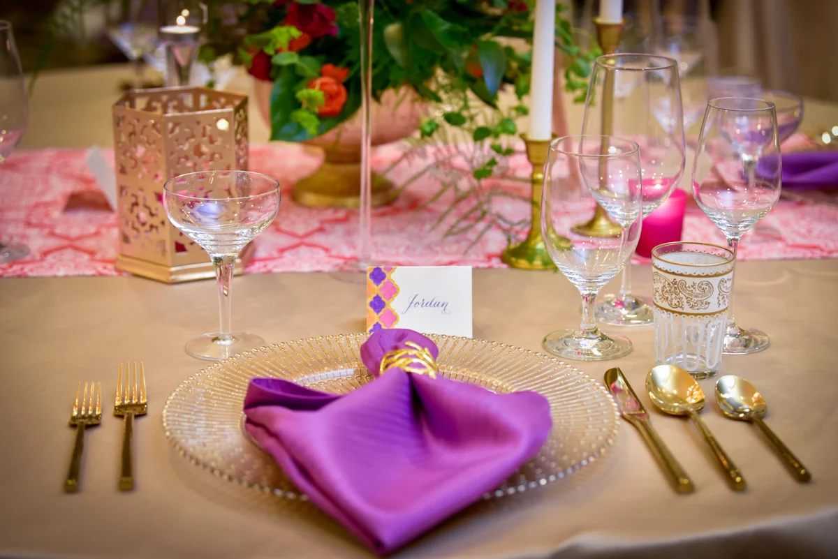 Wedding table setting and wedding escort cards: Casablanca wedding theme Chicago styled shoot designed by Event Shoppe Chicago and captured by Grey Matter Photography. See more creative wedding ideas at CHItheeWED.com!