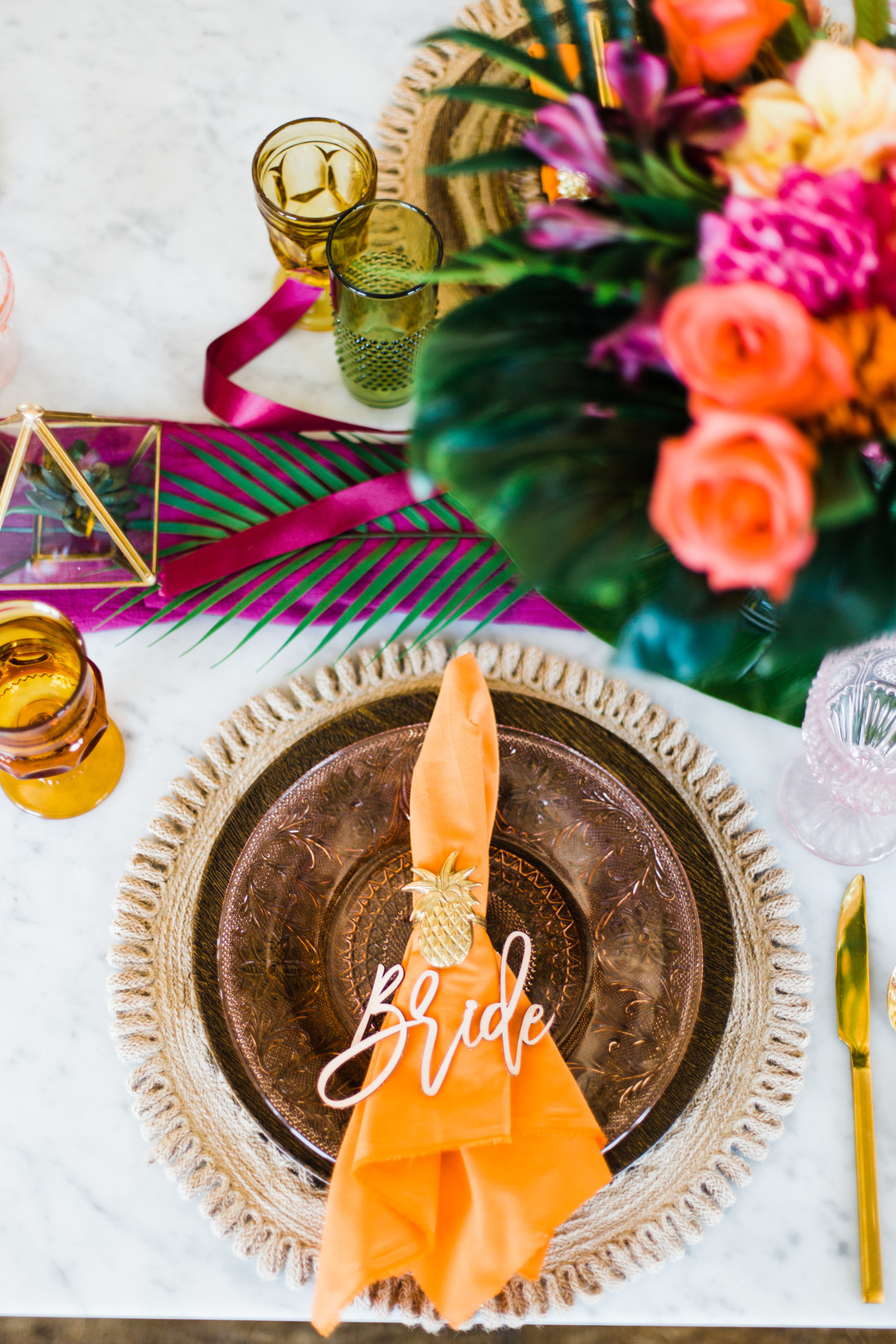 Colorful wedding place setting: Tropical Eclectic Wedding Inspiration captured by Grace Rios Photography featured on CHI thee WED. See more colorful wedding ideas at CHItheeWED.com!