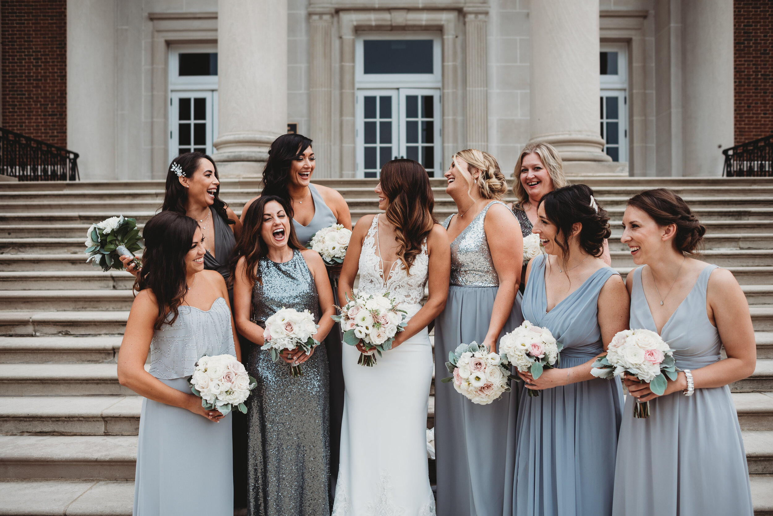 Slate blue bridesmaid dresses: Modern Chic Chicago History Museum Wedding captured by Girl with the Tattoos. See more wedding ideas at CHItheeWED.com!